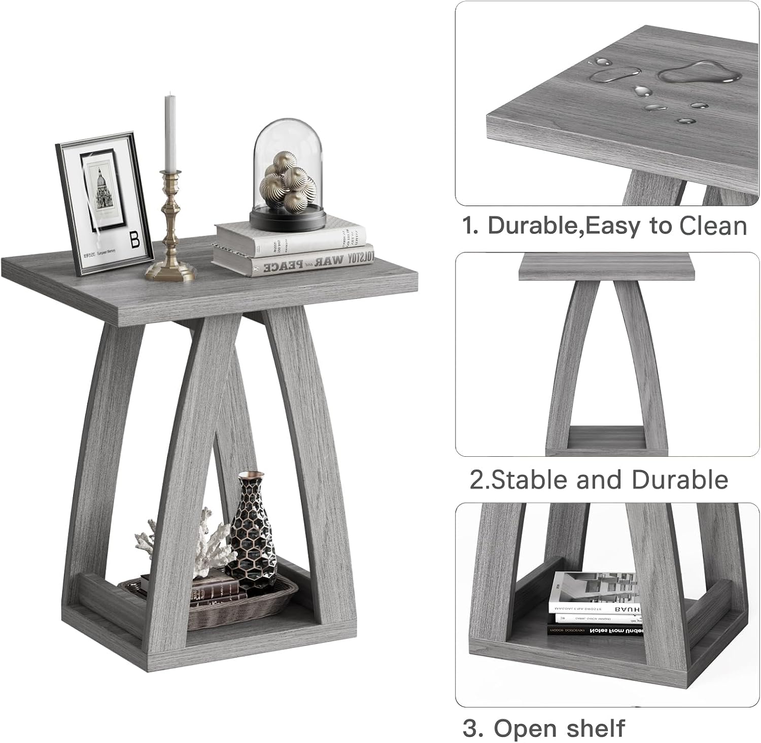 FROMJBEST End Tables Living Room, Side Table Beside Sofa, Nightstand for Bedroom, Couch Side Table with Shelf, Modern End Table for Living Room, Grey End Table Set of 2