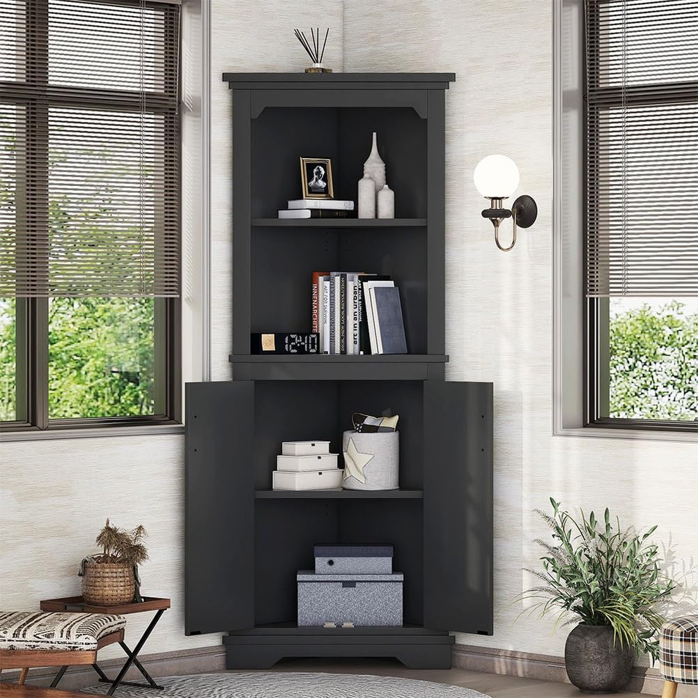 Corner Cabinet, Farmhouse Tall Corner Cabinet with Doors and Adjustable Shelves, Bar Storage Cabinets with Home Space Saver for Kitchen, Living Rooms, Laundry Room (Black)
