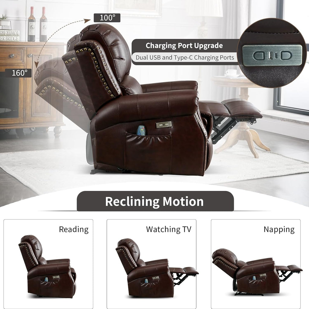 HAOMARKETS Classic Power Recliner Chair Set of 2 with Massage and Heat, Breathable Faux Leather Electric Recliner with USB Port, Overstuffed Reclining Sofa with Rivets for Living Room, Caramel Brown