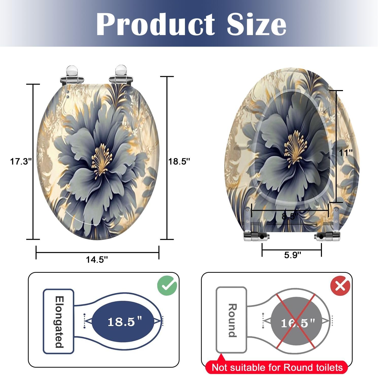 Elongated Toilet Seat Abstract artistic flowers branches gold canvas Brush Oil Resin Toilet Seat Slow Quiet Close with Quick-Release Hinges Toilet Seat with Cover Easy to Clean Install