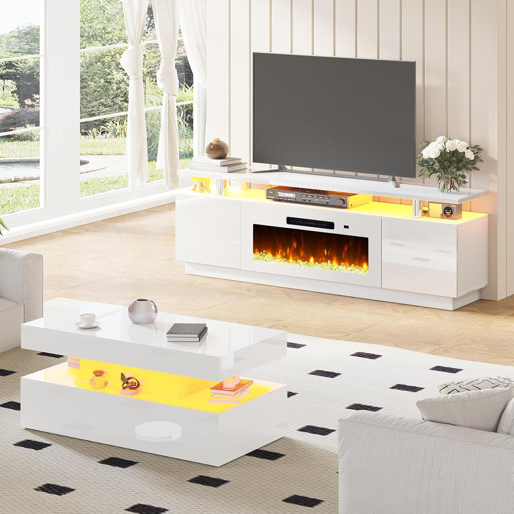 AMERLIFE 3 Piece Modern Living Room Table Set, Includes 70' High Gloss Fireplace TV Stand, 2-Tier Coffee Table, LED Lights Entertainment Center Set for Living Room, White