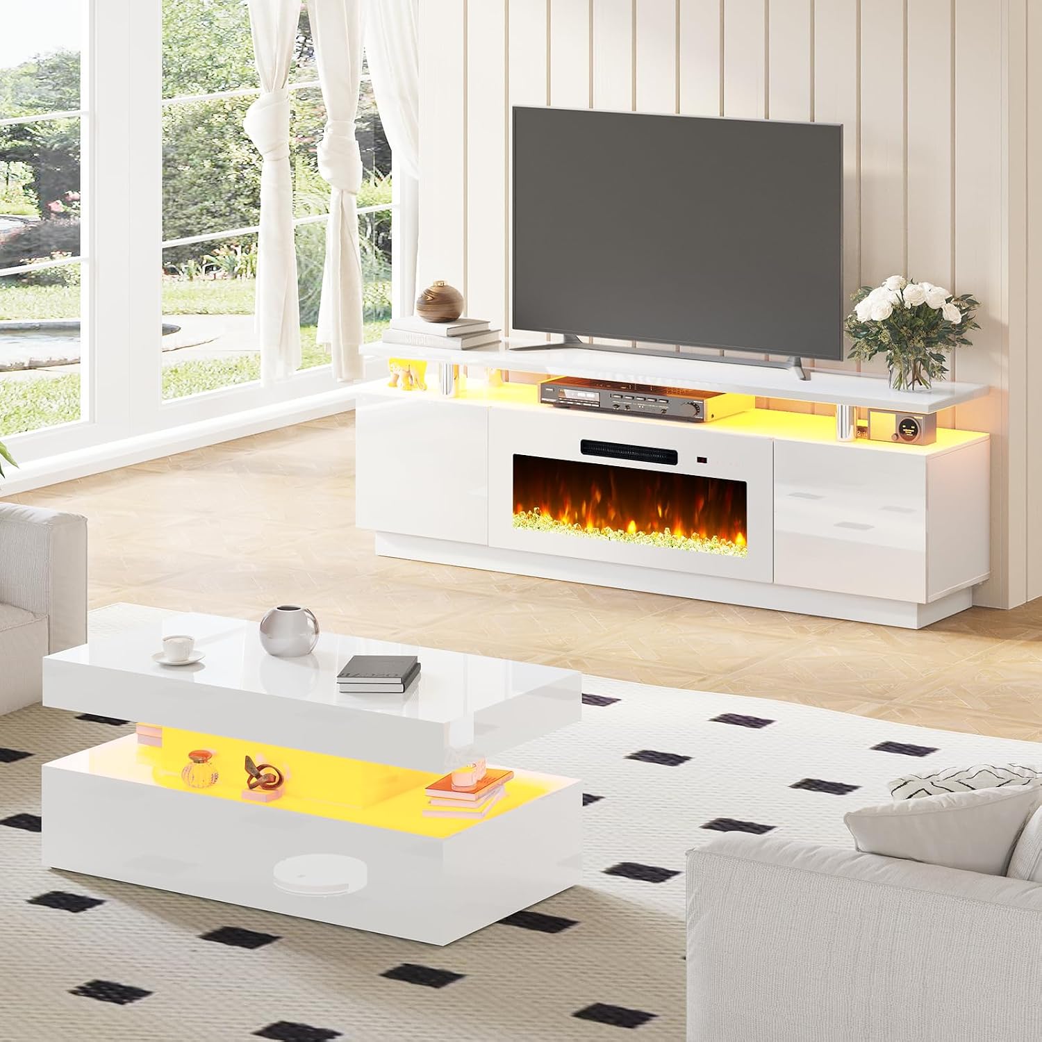 AMERLIFE 3 Piece Modern Living Room Table Set, Includes 70' High Gloss Fireplace TV Stand, 2-Tier Coffee Table, LED Lights Entertainment Center Set for Living Room, White