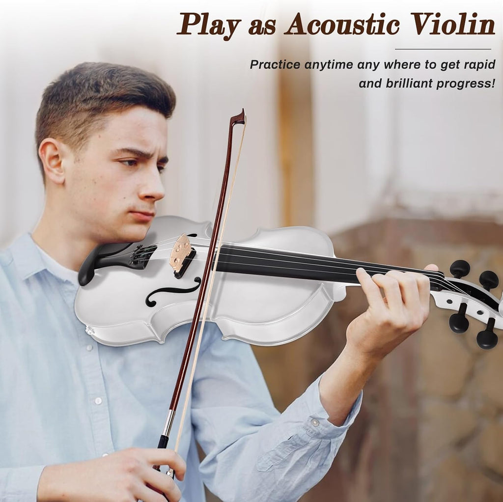 Electric/Acoustic Violin with Ebony Accessories with Carrying Case, Violin Bow, Bridge, Shoulder Rest, Stickers, Tuner, Instruction, Handcraft with Maple, Spruce (White)
