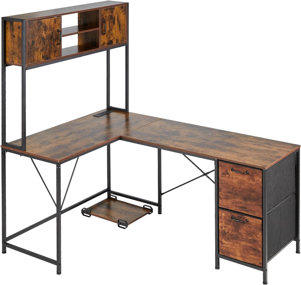 VEVOR L-Shaped Gaming Desk with LED Lights, 62.2-inch Reversible Corner Computer Desk with Power Outlets, Movable CPU Stand & Storage Drawers, Modern Stylish PC Gaming Table for Home Office