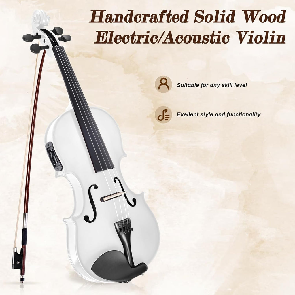 Electric/Acoustic Violin with Ebony Accessories with Carrying Case, Violin Bow, Bridge, Shoulder Rest, Stickers, Tuner, Instruction, Handcraft with Maple, Spruce (White)
