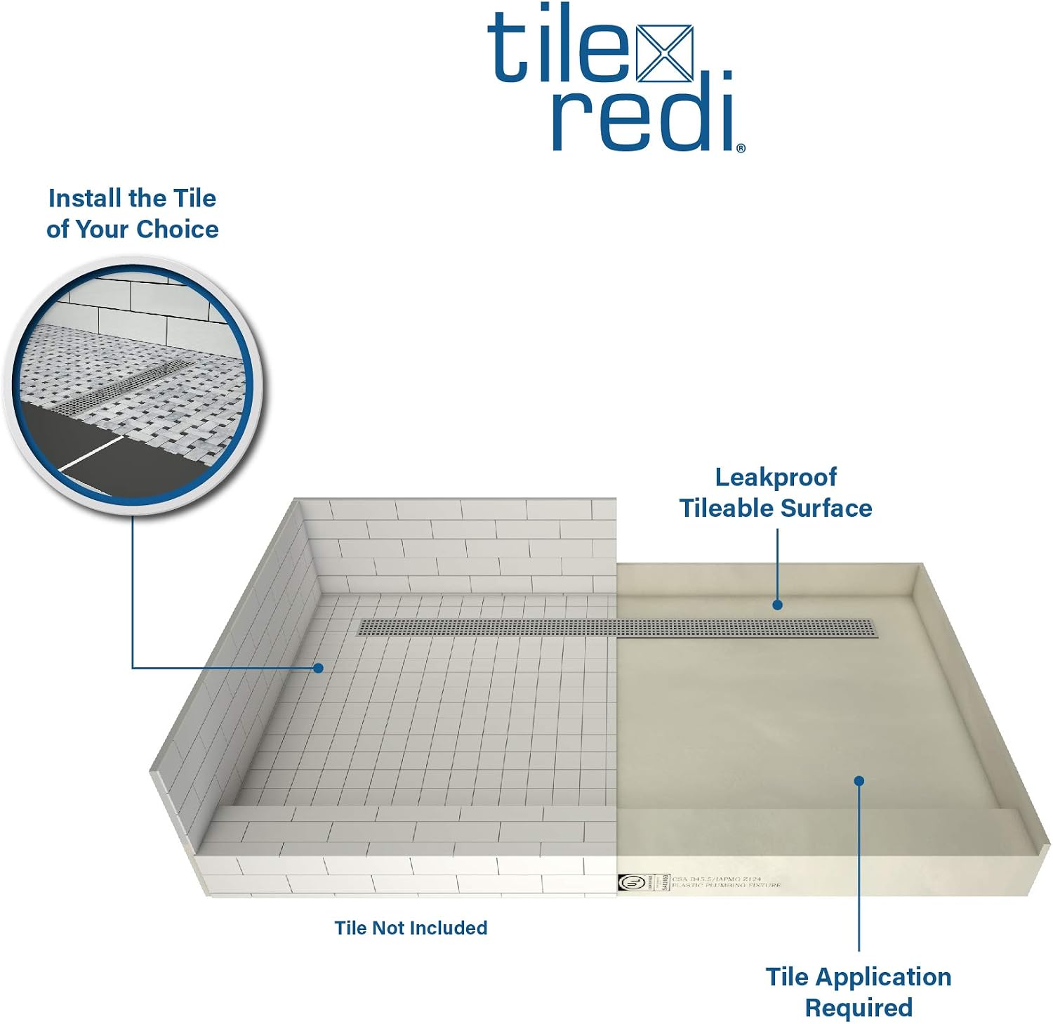 Tile Redi RT3660L-PVC-SQPC Shower Pan with Left Drain- Single Curb Shower Base, 2' PVC Drain, and Grate Included, 60' Width x 36' Depth