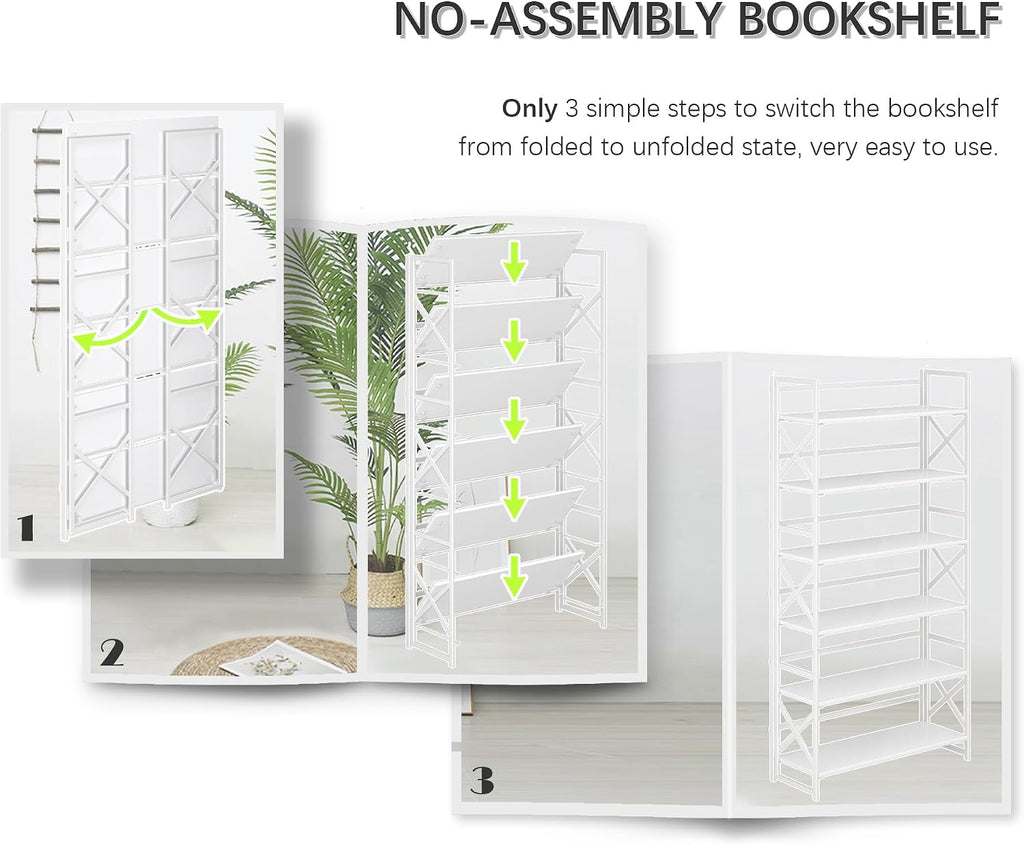 4NM Extra Wide 6 Tiers No Assembly Book Shelves, 61.8' H Folding Bookshelf Bookcase Open Industrial Foldable Shelves for Bedroom, Living Room, Home Office - All White