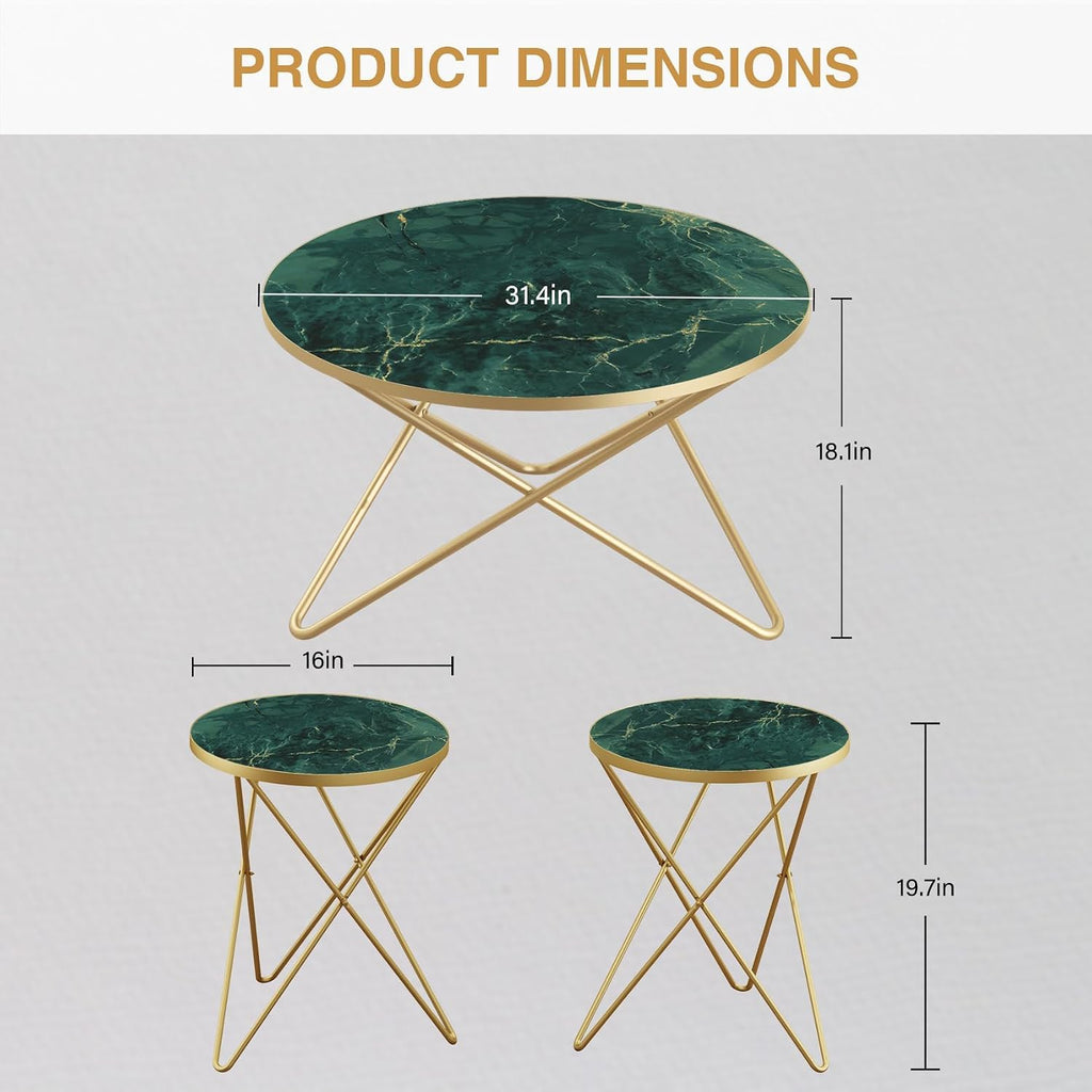 HLR Modern Round Coffee Table and Side Table Set of 3,End Table with Faux Marble Top and Gold Metal Frame, Side Table for Living Room, Bedroom, Sofa and Couch, Gold Legs, Green Marble Top