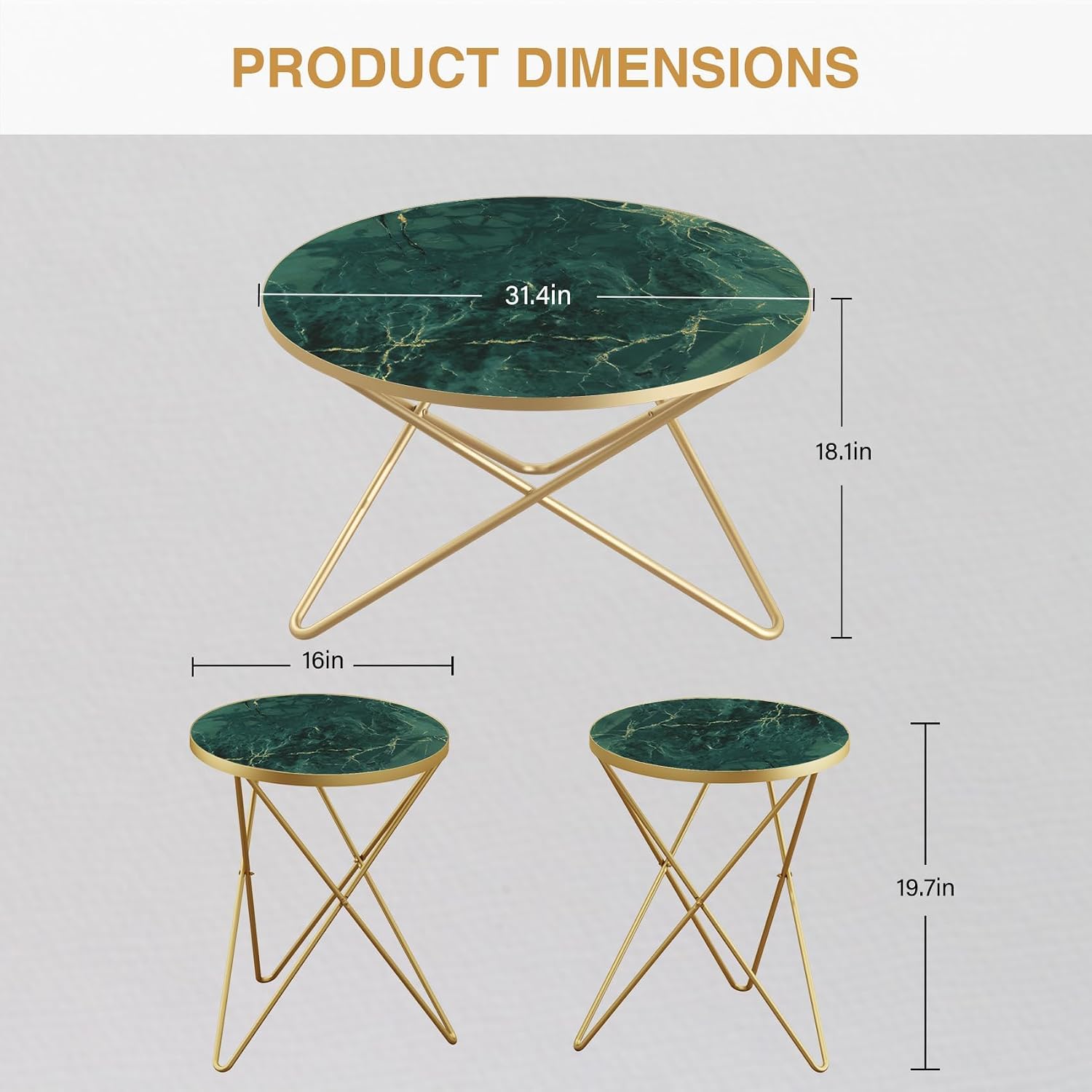 HLR Modern Round Coffee Table and Side Table Set of 3,End Table with Faux Marble Top and Gold Metal Frame, Side Table for Living Room, Bedroom, Sofa and Couch, Gold Legs, Green Marble Top