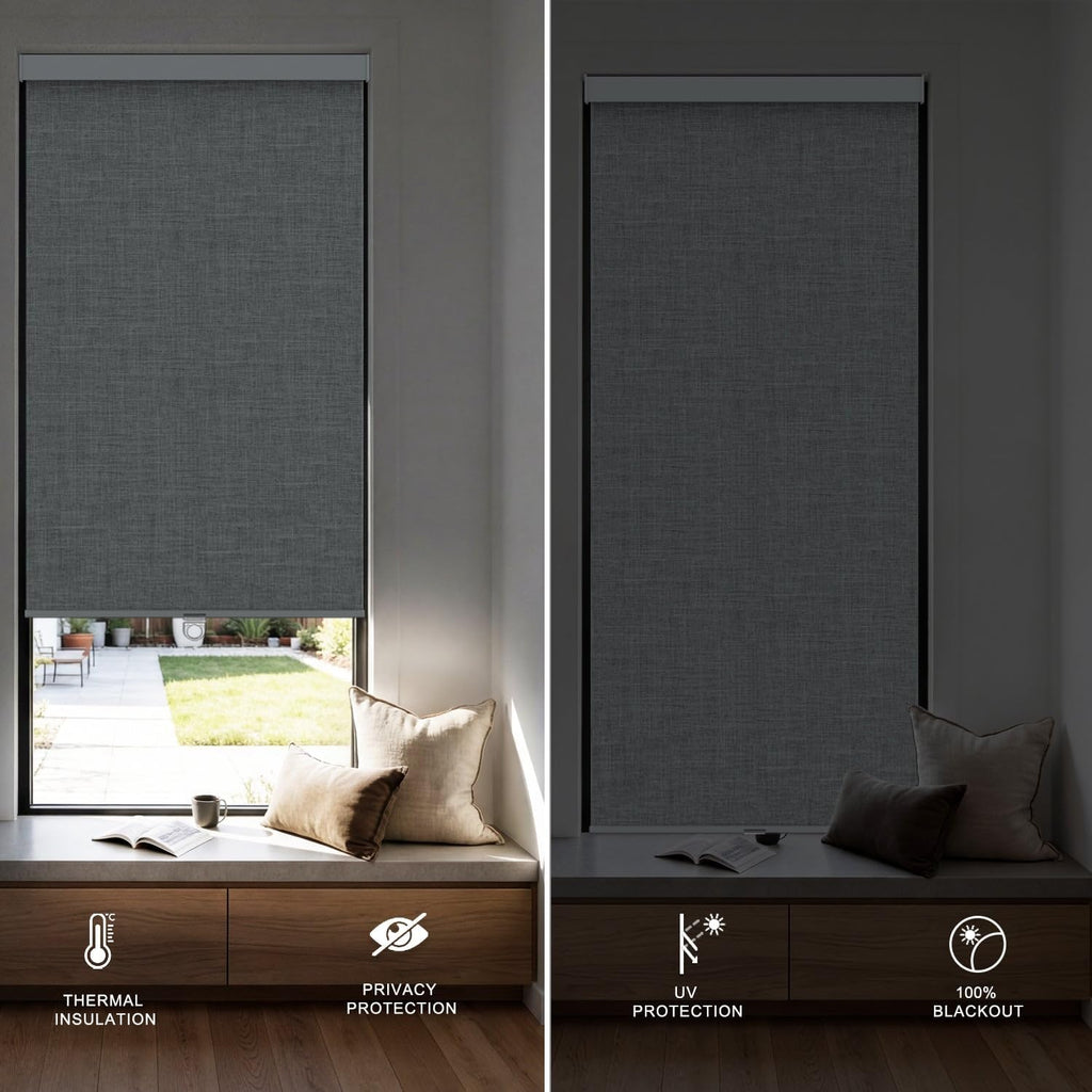 100% Blackout Roller Shades, Free-Stop Cordless Roller Blinds for Windows, Thermal Insulated Linen Fabric Window Shades UV Protection for Home, Door, Grey, 56' W x 72' H