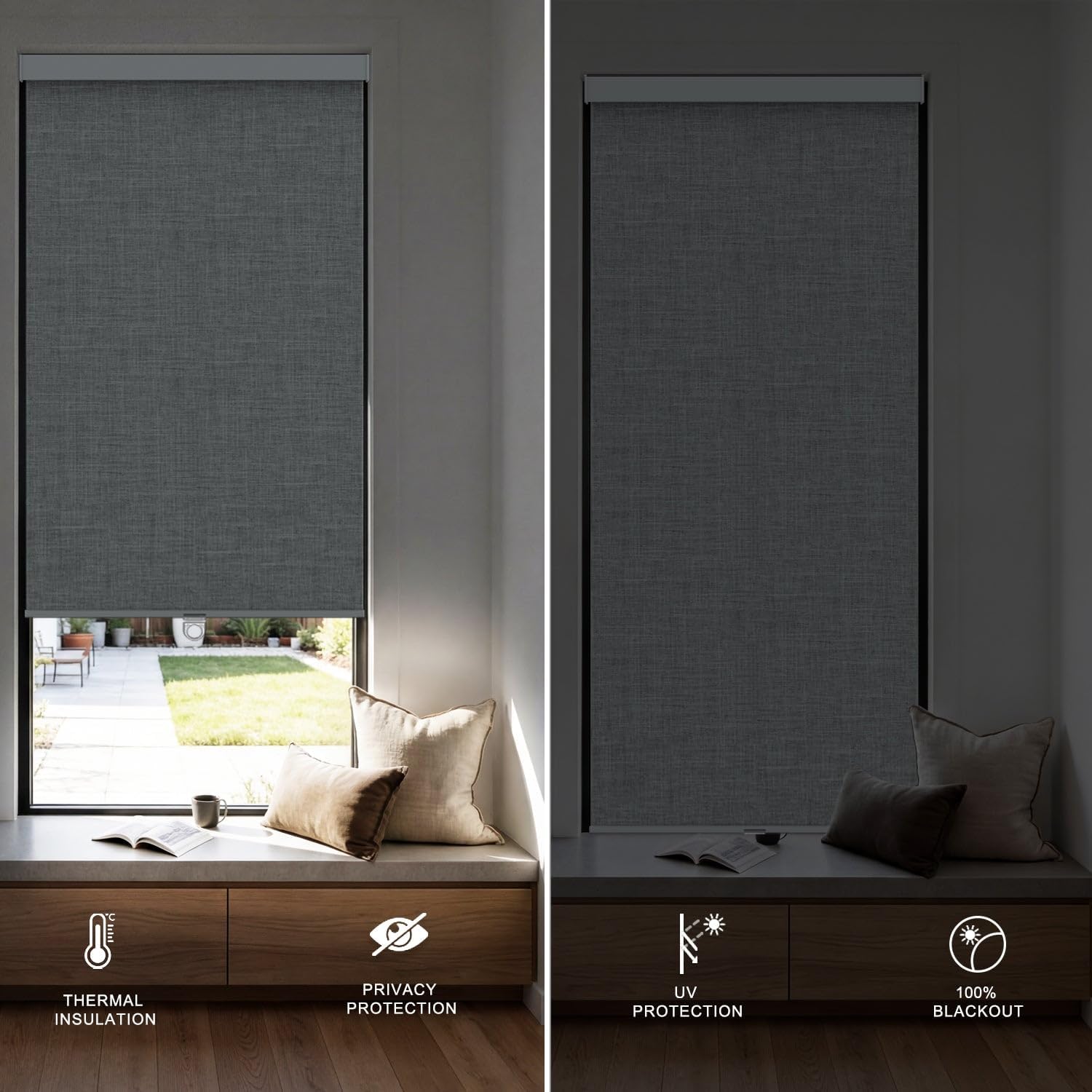 100% Blackout Roller Shades, Free-Stop Cordless Roller Blinds for Windows, Thermal Insulated Linen Fabric Window Shades UV Protection for Home, Door, Grey, 56' W x 72' H