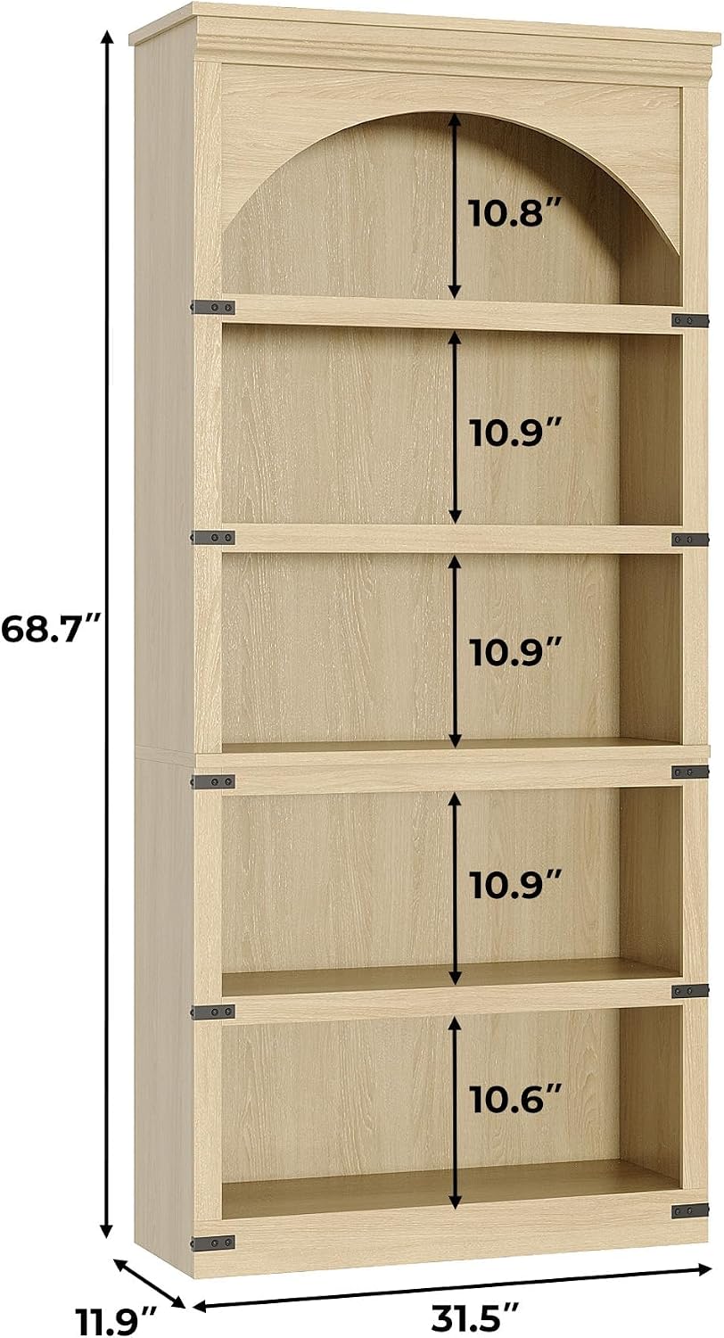 Takywep 5 Shelf Bookcase Arched Bookshelf, Rustic Wood Look Storage Shelf for Home Office Living Room, Easy Assembly, Farmhouse Style Bookcase with Metal Corner Guards, Wood