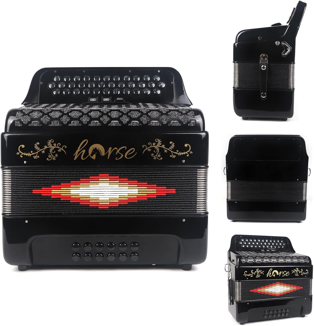 Horse 34 Key Accordion,12 Bass 3-Row F/B/E Diatonic Accordions Instruments for Adults with Luxury Backpack and Straps, 34 Buttons Button Acordeón Acordeones Para Adultos For Beginners to Professionals