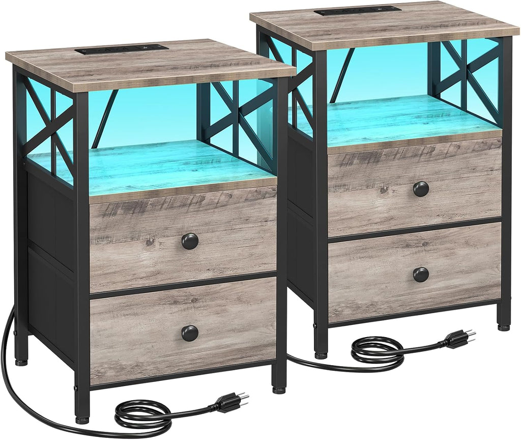 AMHANCIBLE Night Stand Set of 2 with Charging Station and LED Lights, Large 2-Drawer Bedside Tables with USB Ports and AC Outlets, Modern Nightstand for Bedroom, Grey, HET052LGY