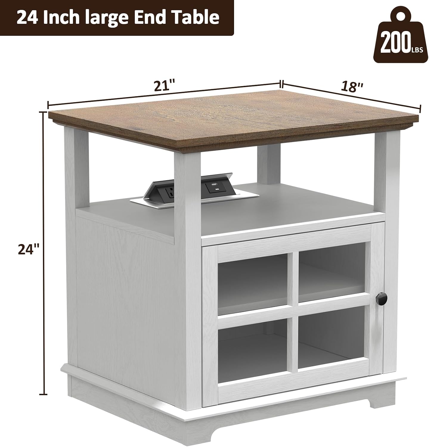 HIFYOBRO 24''Tall White End Table with Charging Station, Adjustable Shelf & Storage, 21' Large Side Table, Modern Farmhouse Nightstand for Bedroom, Living Room, Office