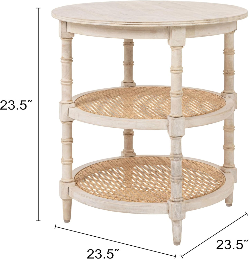 Creative Co-Op Round Solid Wood End Table with 2 Woven Cane Shelves, Distressed White