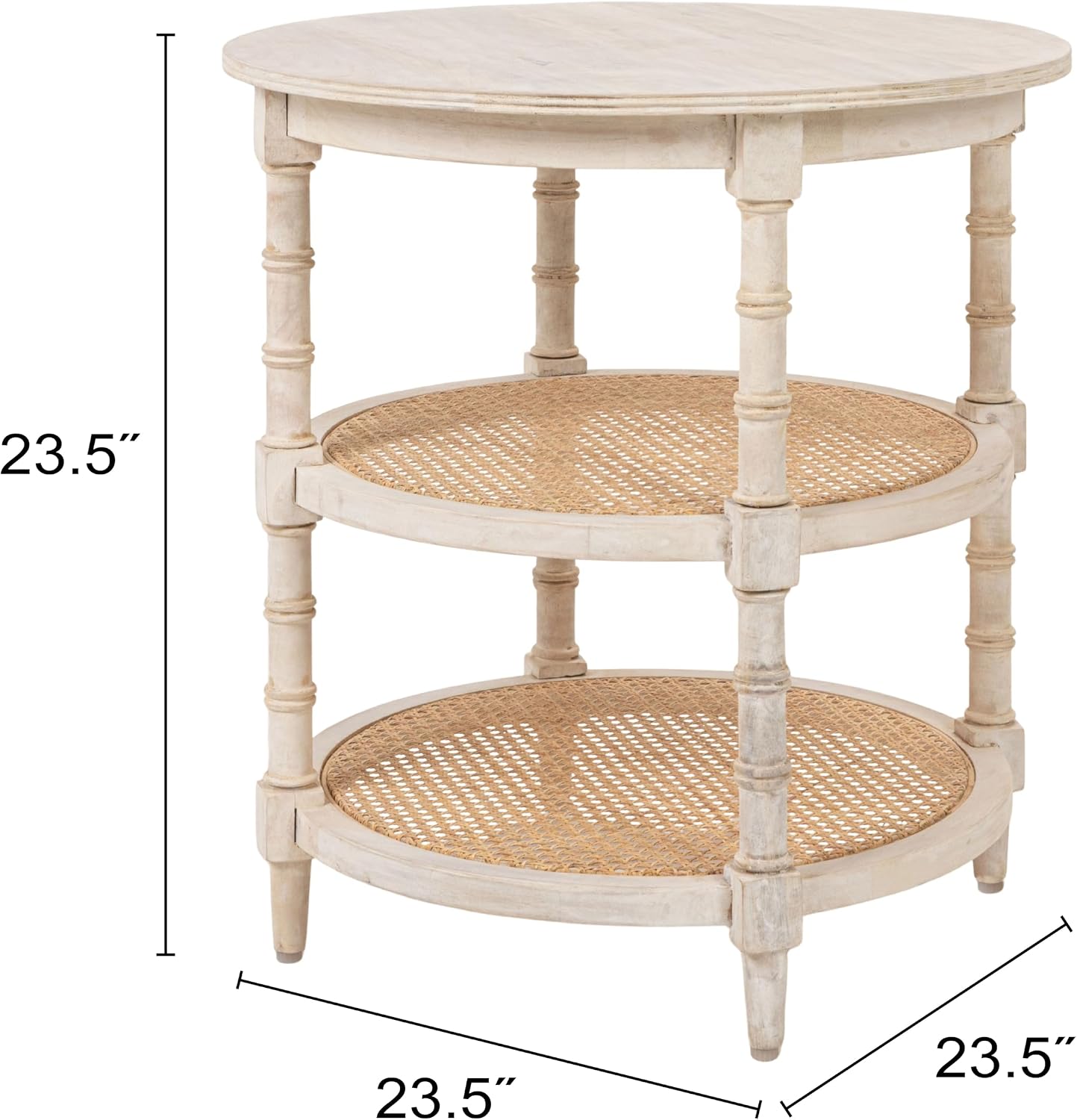 Creative Co-Op Round Solid Wood End Table with 2 Woven Cane Shelves, Distressed White