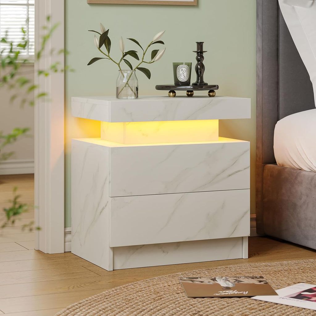 Cubehom Nightstands Set of 2, Bedside Tables with LED Lights, Night Stands with 2 Wood Drawers, End Tables Set of 2 for Living Room/Bedroom