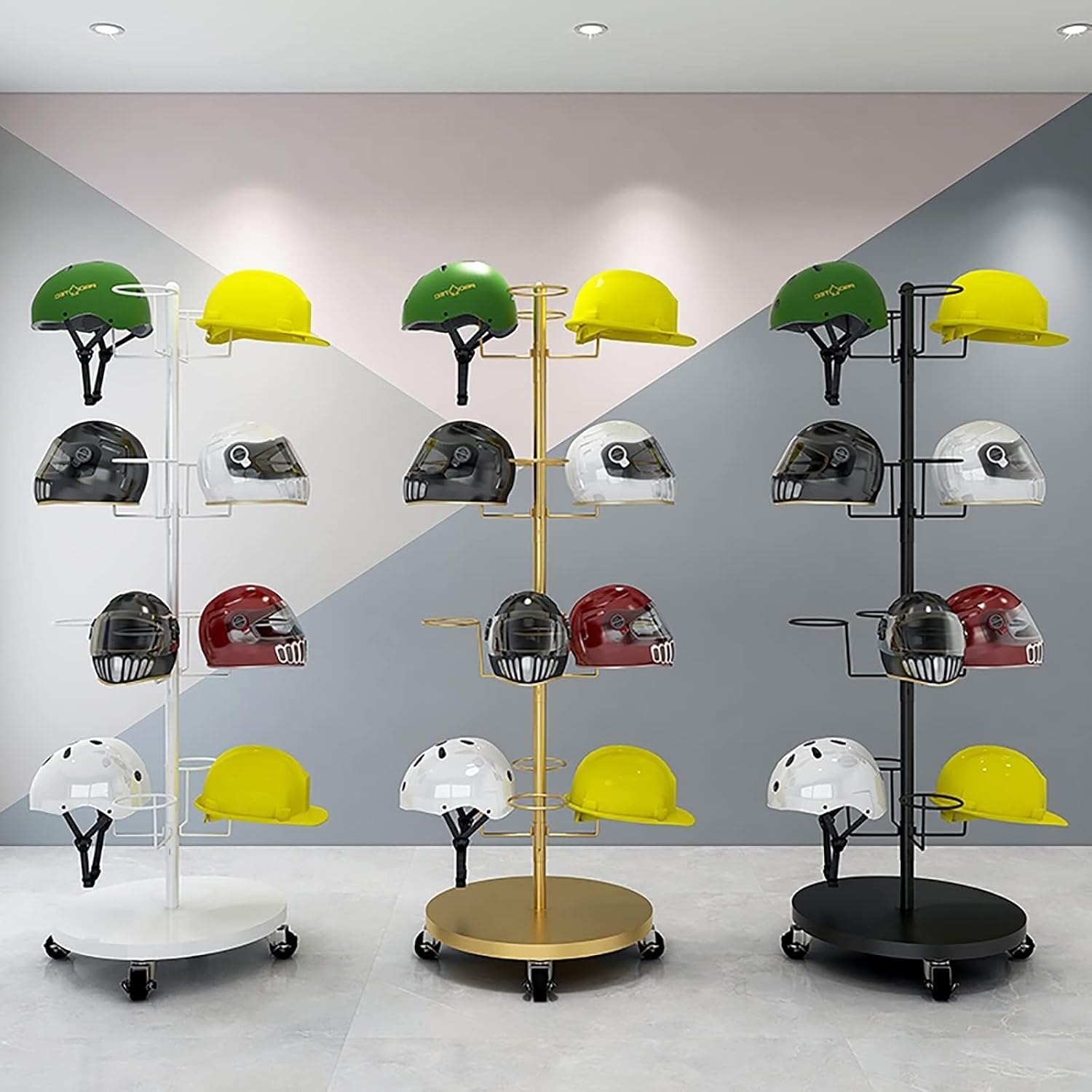 Standing Hat Display Stand - 4-Layer Mobile Metal Organizer Rack for Helmets, Baseball Caps, Wigs & Cowboy Hats, Large Capacity with Lockable Wheels(Gold)