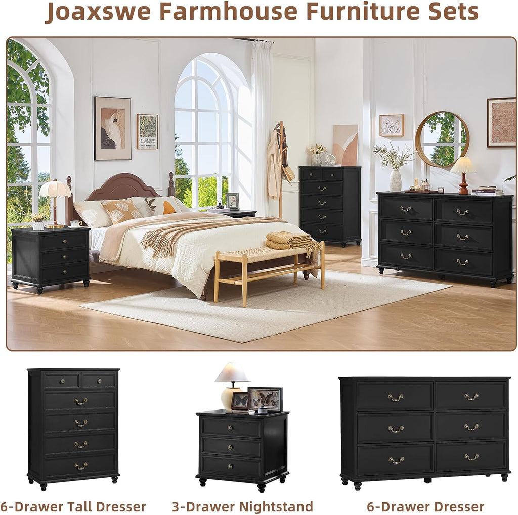 Joaxswe Farmhouse 6 Drawers Dresser for Bedroom, Vintage 54' Wide Chest of Drawers w/ 4 Wooden Legs, Rustic Large Closet Storage Dressers Organizer for Hallway, Wood TV Stand for Living Room, Black