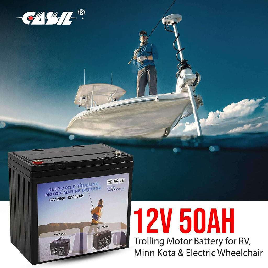 Casil 2 Pack 12V 50Ah Deep Cycle AGM Solar Battery Marine Battery Trolling Motor Battery for RV Minn Kota Electric Wheelchair Pride Motorized Wheelchair Electric Boat Motor and Solar Applications