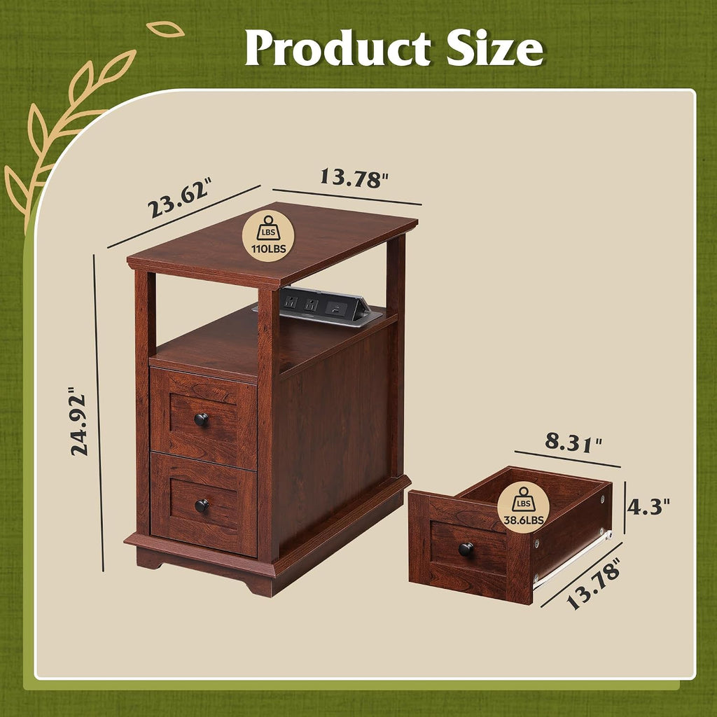 WLIVE End Table with Charging Station, Narrow Side Table for Living Room, Farmhouse Nightstand with Storage, Small Wooden Cabinet with USB Ports and Outlets for Living Room and Bedroom, Cherry