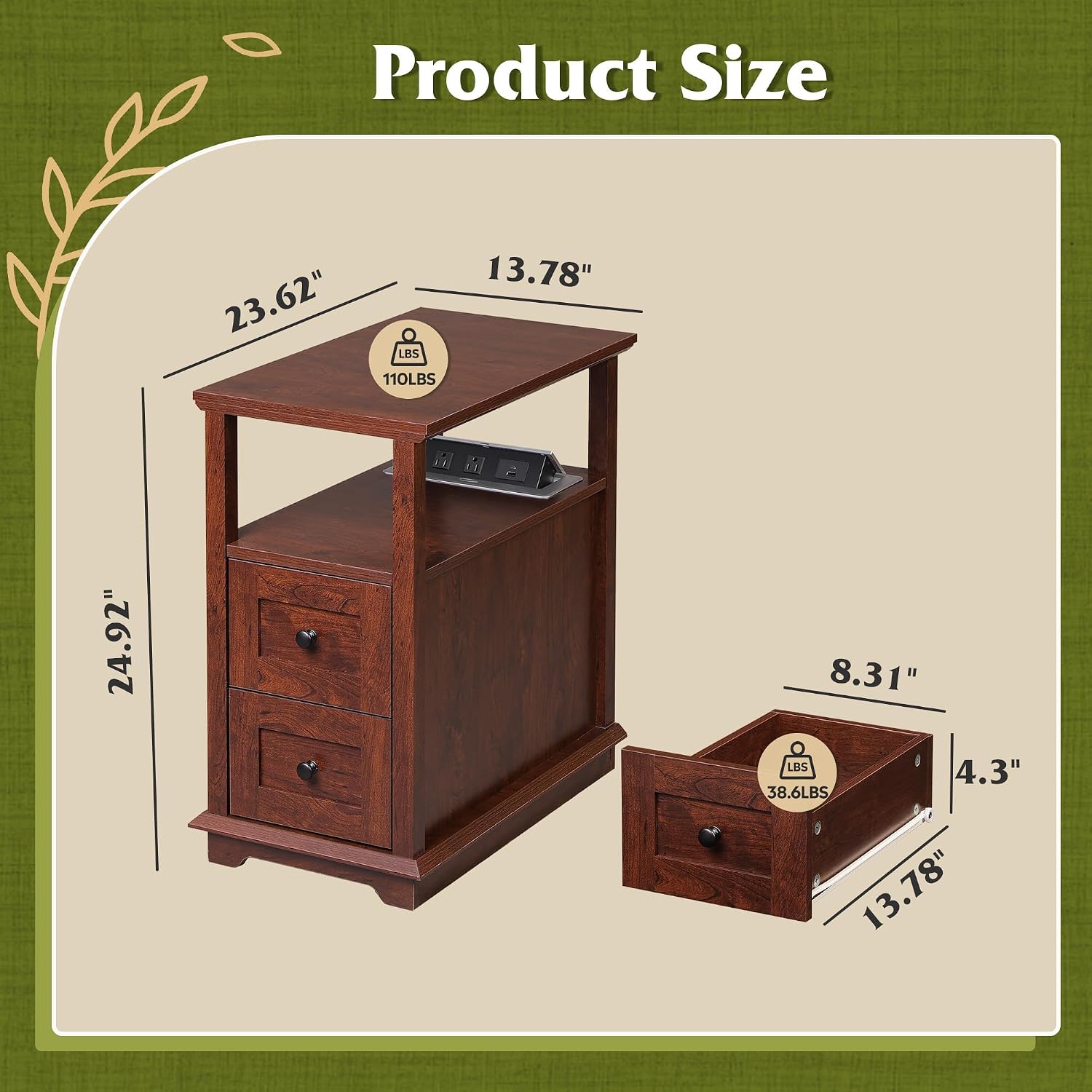 WLIVE End Table with Charging Station, Narrow Side Table for Living Room, Farmhouse Nightstand with Storage, Small Wooden Cabinet with USB Ports and Outlets for Living Room and Bedroom, Cherry