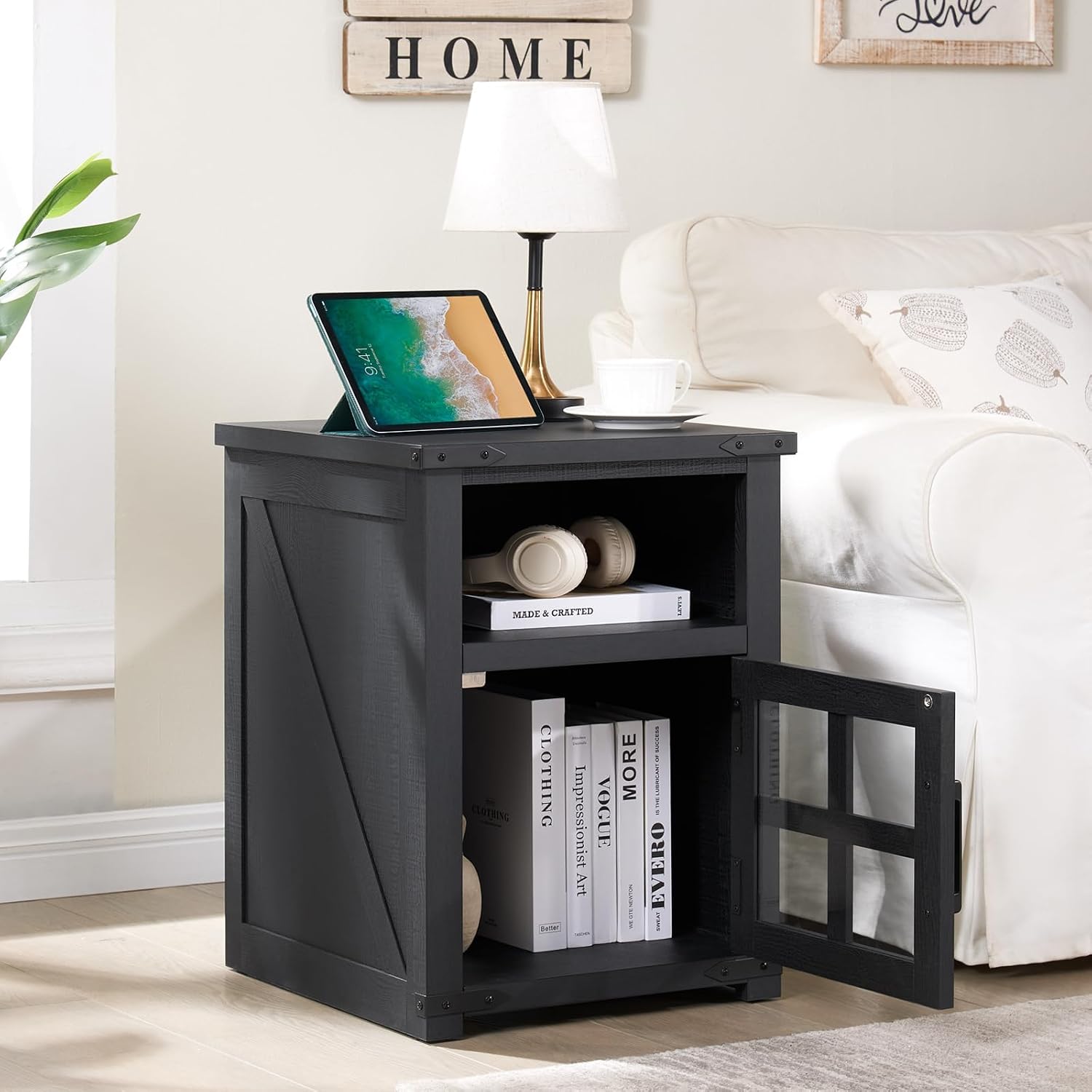 Barnyatoh Farmhouse Nightstand with Charging Station, Rustic End Table with Tempered Glass Barn Door, Wood Sofa Side Bedside Table with Open Storage Shelf for Living Room, Bedroom, Black, 2 Pack