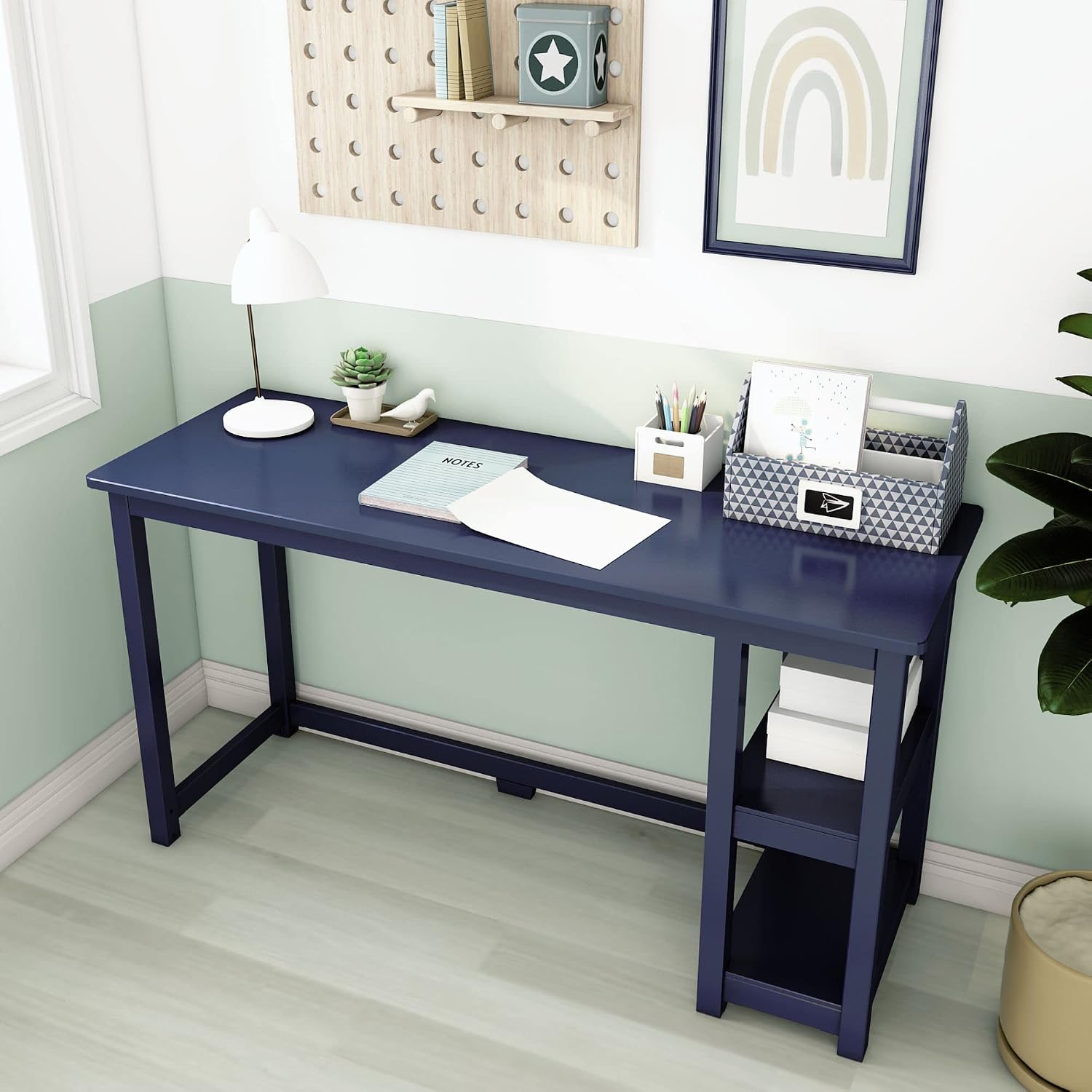 Max & Lily Solid Wood Desk With Shelves, 55 Inches, Blue