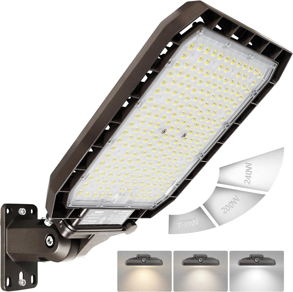 HiBay Dusk to Dawn LED Parking Lot Flood Light Outdoor, 240W 200W 180W 3CCT 38400LM Commercial Street Area Lighting 160LM/W, IP65 Photocell Security Shoebox Light,Wall or Pole Mount, 100-277V, ETL