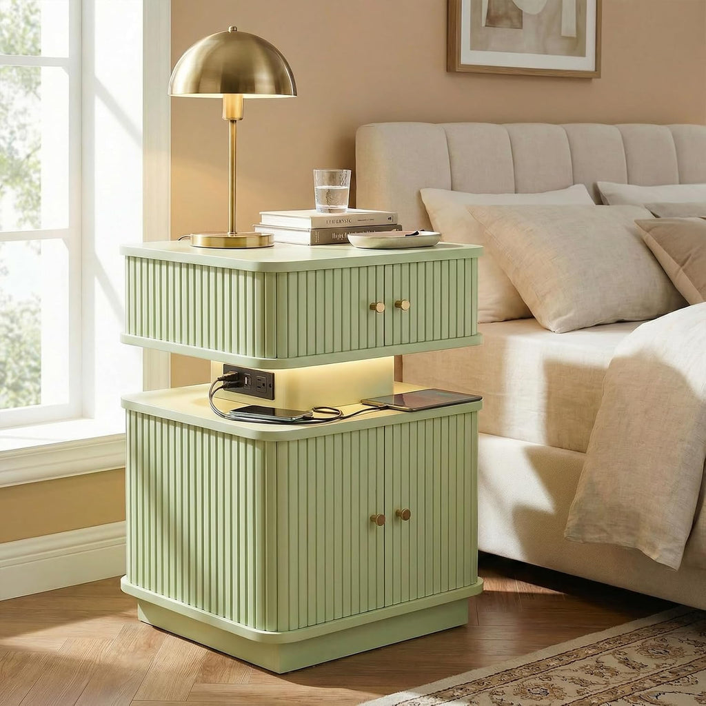 Set of 2 LED Light End Table with Charging Station, Green Mid Century Bedside Table with USB Type A C Ports, Small Fluted Accent TV Control Nightstand with Sliding Door for Living Room, Curvy Edge