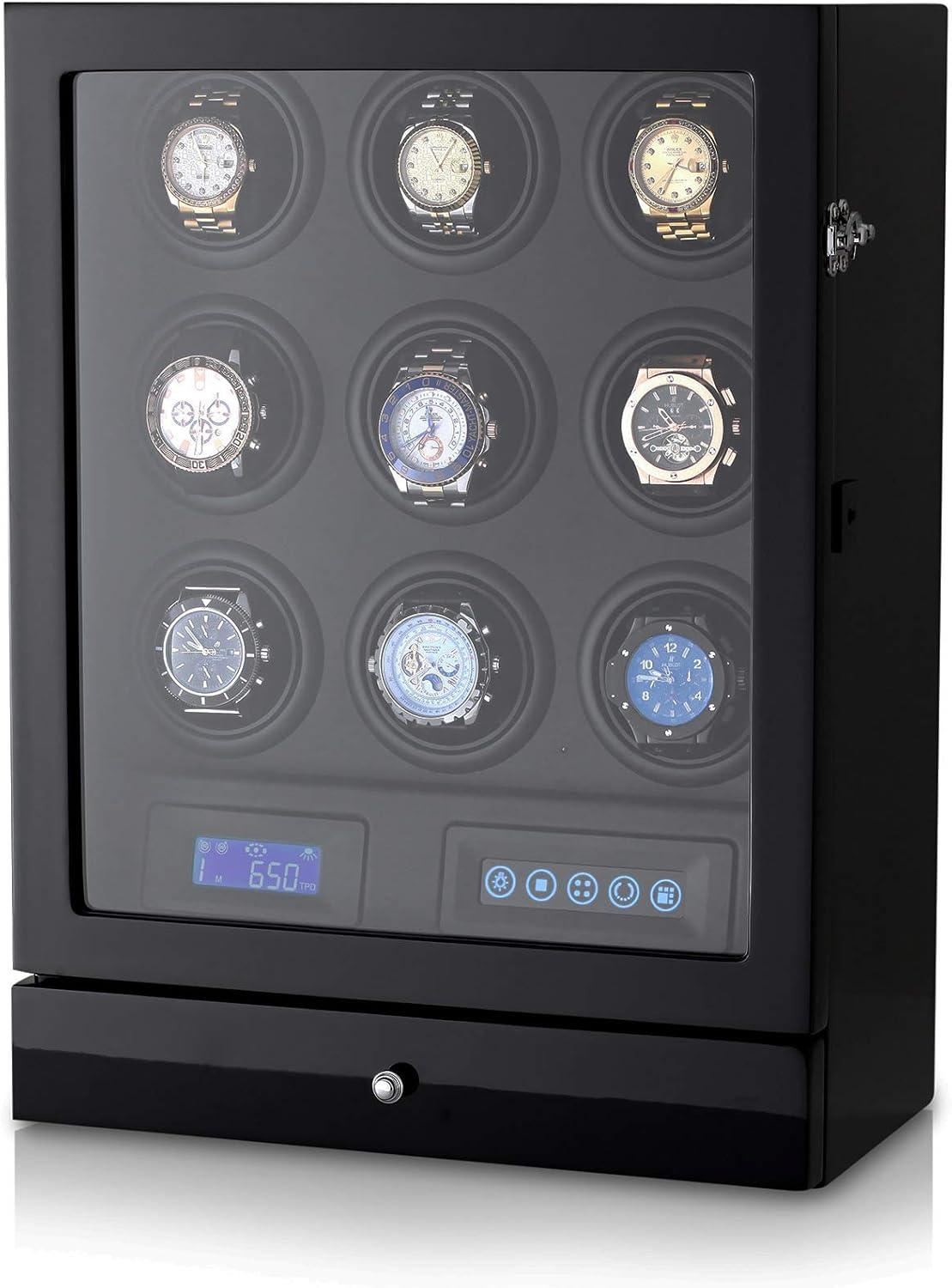 9 Watch Winder with LED Interior Light, LCD Display and 2 Watch Storage Space