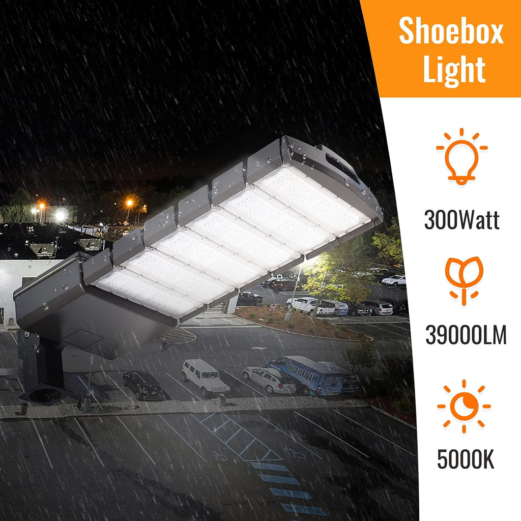 LED Parking Lot Lights 300W Shoebox Light Pole Fixture Lighting Outdoor Site Street Area Light Garage Lighting Road Light 39000 Lumen Daylight White 5000K