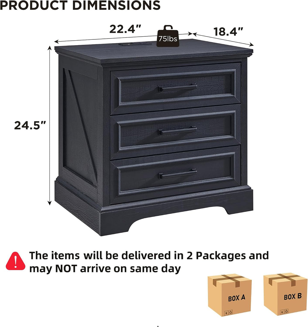 ACCOHOHO Farmhouse Nightstands Set of 2, 22 Inch Wide End Table with Charging Station & 3 Large Drawers, Rustic Wood Small Dresser Chest of Drawers for Bedroom, Living Room, Black