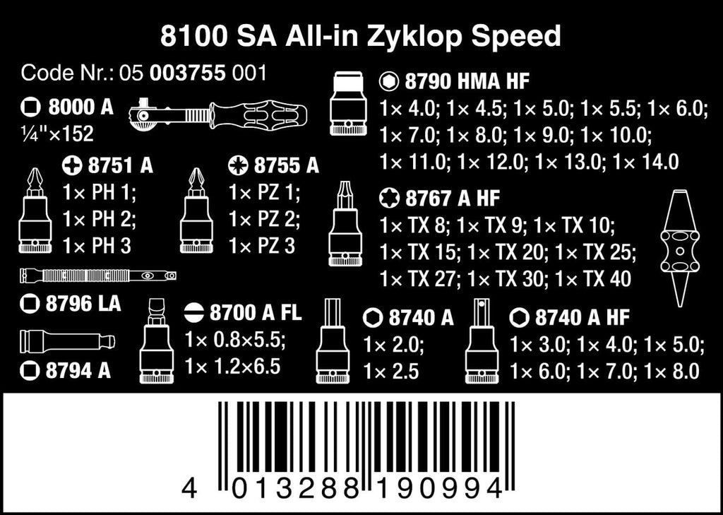 WERA 05003755001 8100 SA All-in Zyklop Speed Ratchet Set, 1/4' Drive, with Holding Function, Metric, 42 Pieces