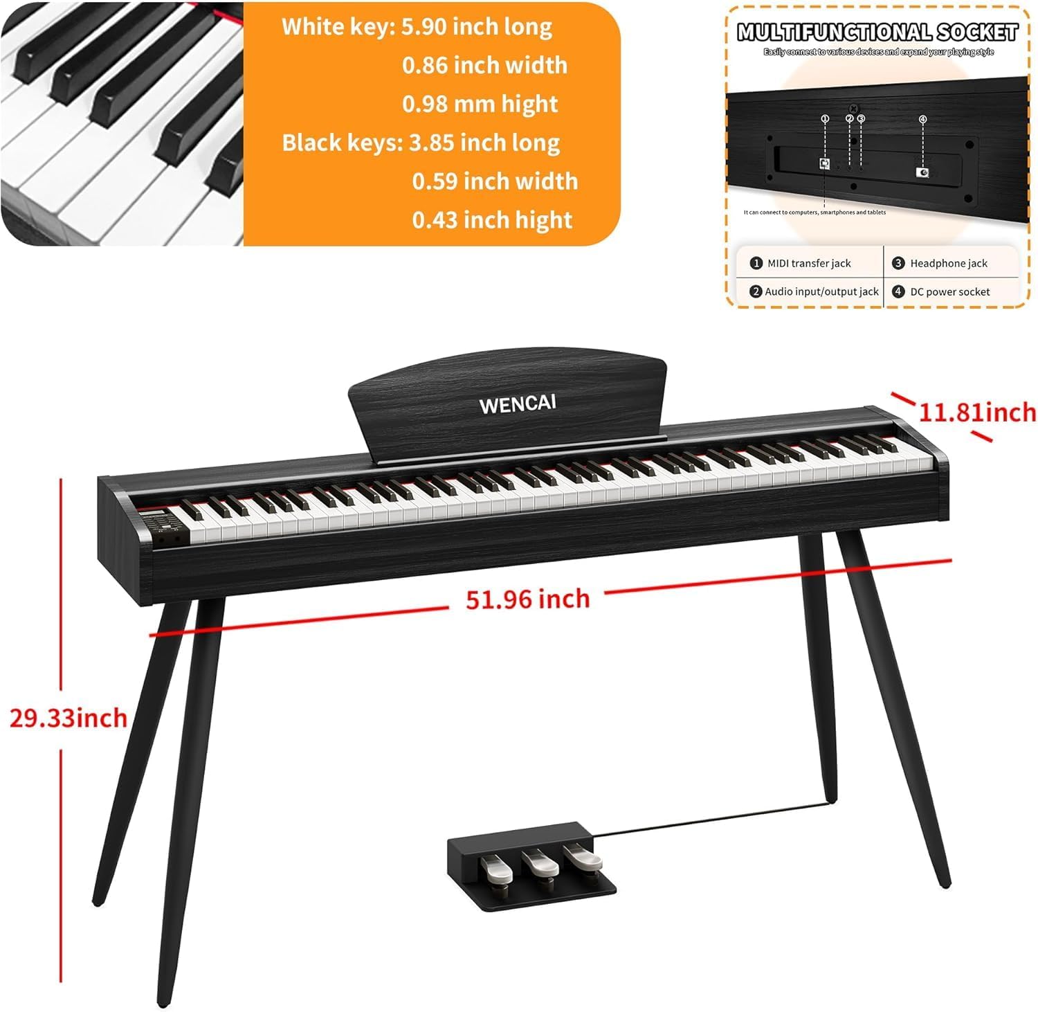 WENCAI Digital Piano 88-Key Fully Weighted Keyboard - Hammer Action Electric Piano, Full-Size Wooden Pianos for Beginner Professional Adults with Sheet Music Stand Triple Pedal, Black