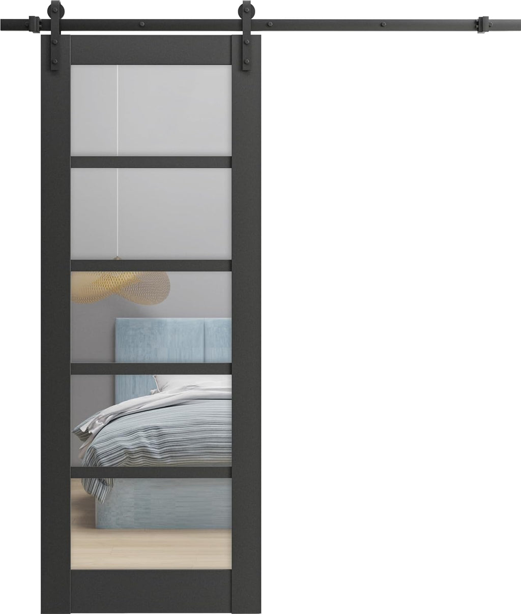 SARTODOORS Quadro 4522 | Interior Single Sliding barn Door with Clear Glass, MDF, 32x80, Black, Modern Style | Hardware Included