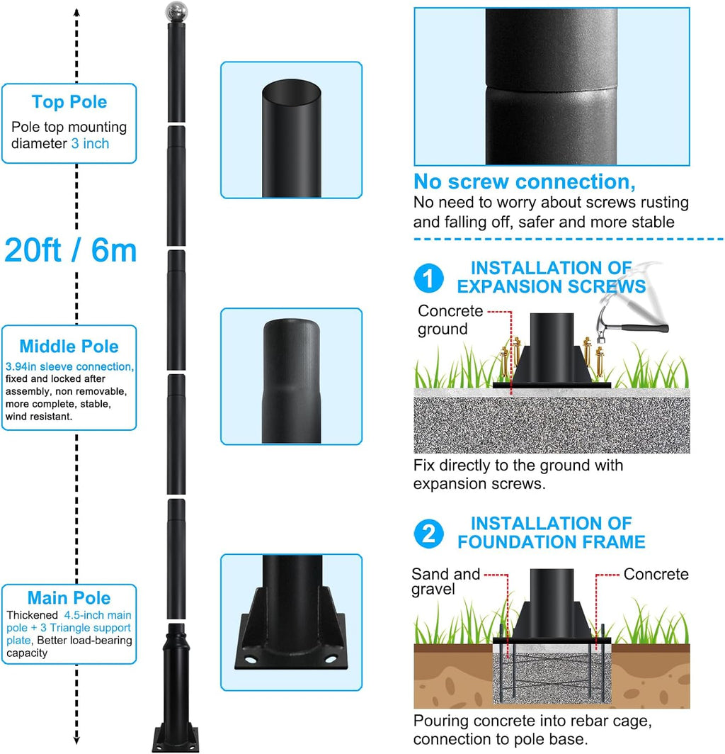 Street Light Pole 20ft Tall, Black Outdoor Galvanized Heavy-duty Metal Solar Street Lamp Post, Suitable for Outdoor Street and Courtyard Lighting Fixtures with Mounting Rebar Cage (20 FT 114+76mm)