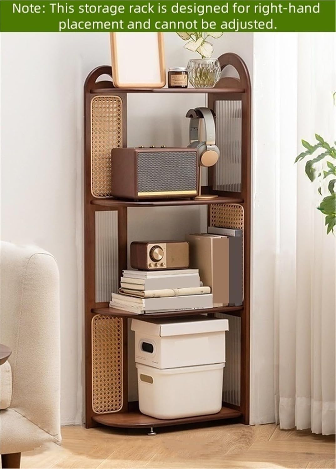 4 Layers Storage Rack Freestanding Corner Display Stand with Adjustable Foot Pad Open Display Rack Rattan Bookshelf Corner Shelf for Living Room Decor Practical(117.5cm)