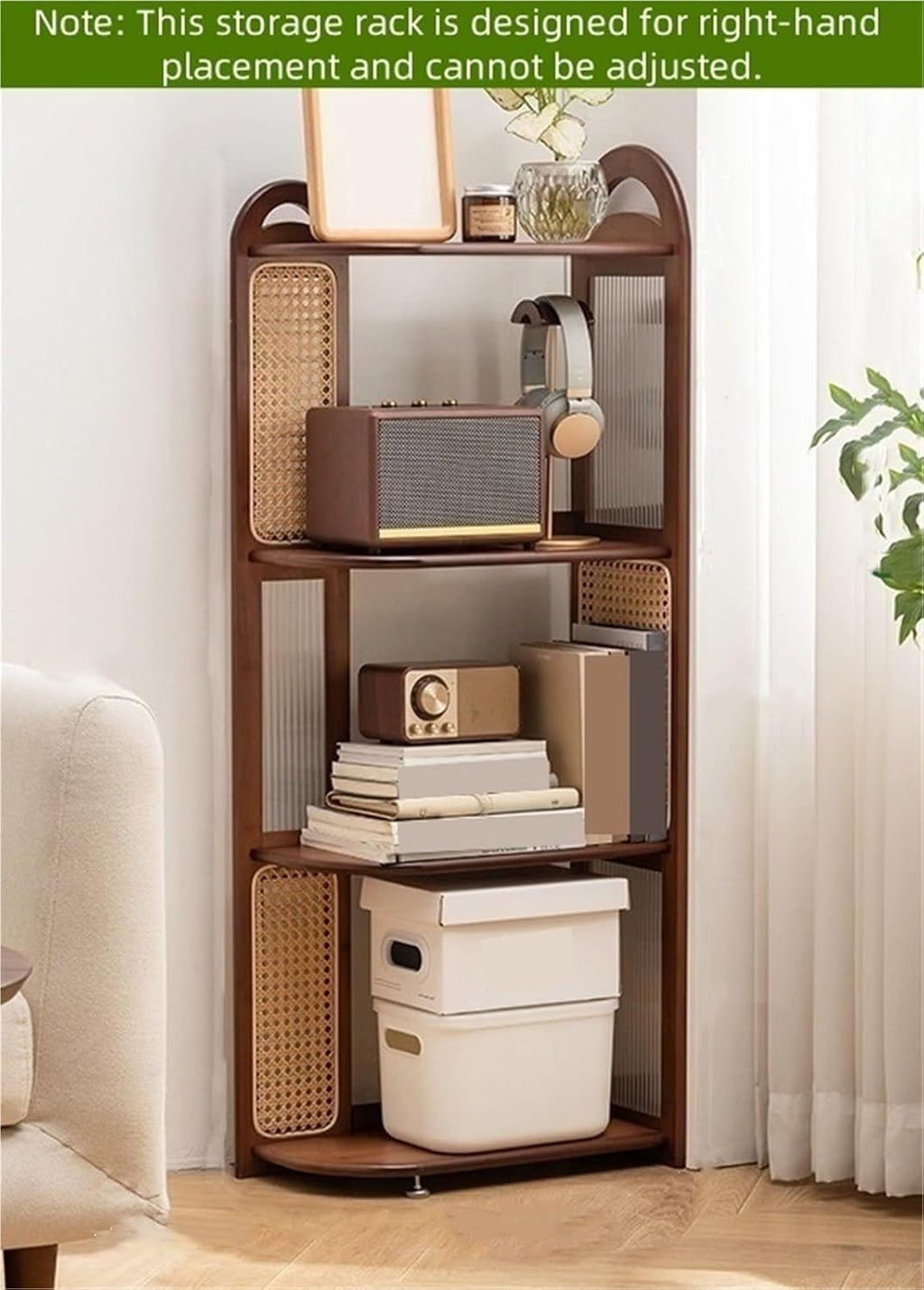Home Furnishing 4 Layers Storage Rack Freestanding Corner Display Stand with Adjustable Foot Pad Open Display Rack Rattan Bookshelf Corner Shelf for Living Room Decor(117.5cm)