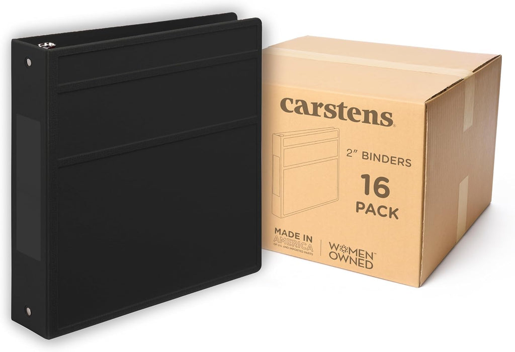 Carstens 2-Inch Heavy Duty 3-Ring Binder - Side Opening, Black, Durable Plastic, No-Gap Rings, Waterproof Covers, No Pockets, Holds 300 Letter-Sized Sheets, BPA-Free, Made in USA (5829-3R), Case of 16