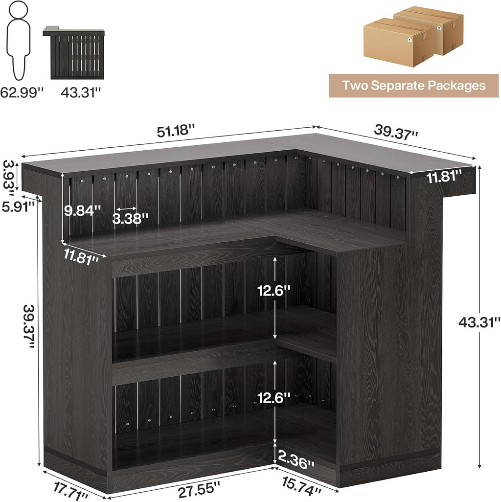 Tribesigns L-Shaped Home Bar Unit, 4-Tier Corner Liquor Bar Table with Storage Shelves and Wine Glasses Holder, Industrial Wine Cabinet Reception Desk for Home Pub (1, Black)