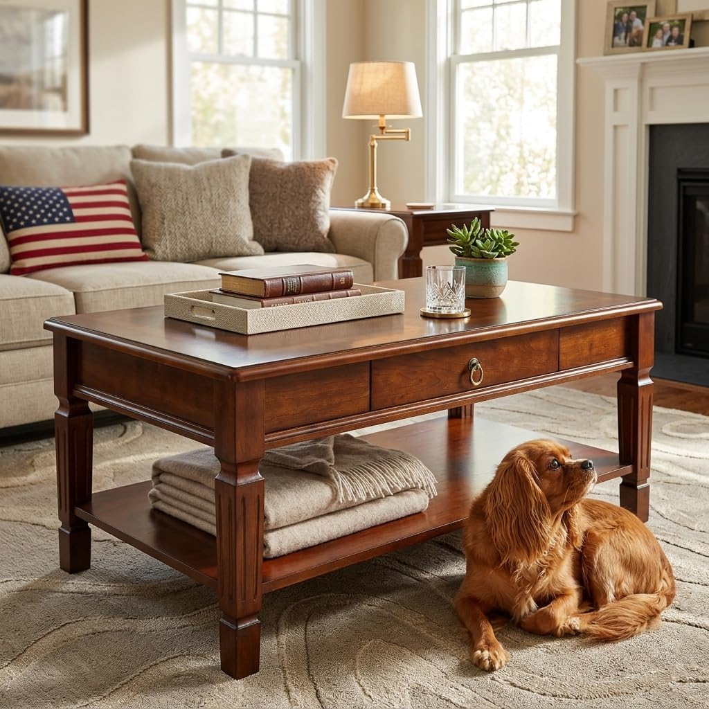 Coffee Table with Single 2-Way Pull Storage Drawer and Shelf, Farmhouse Living Room Table with Wood Legs, Rectangular Cocktail Table,Center Tea Table, 39.4'W x 21.7'L x 17.9'H, Dark Cherry KFZ-D1258