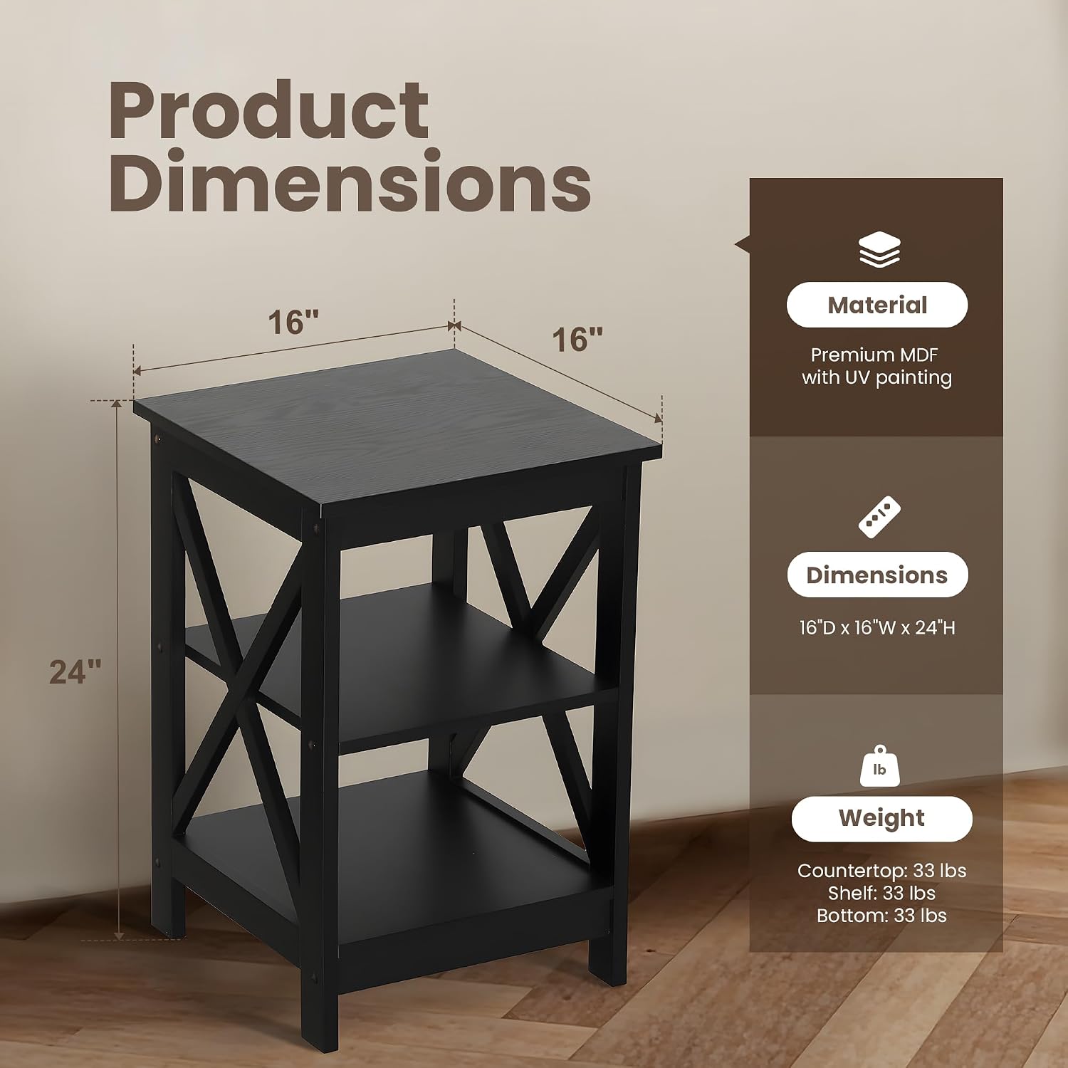 PHI VILLA Black End Table for Living Room Set of 2, Couch Side Tables/Nightstand/Bedside Table