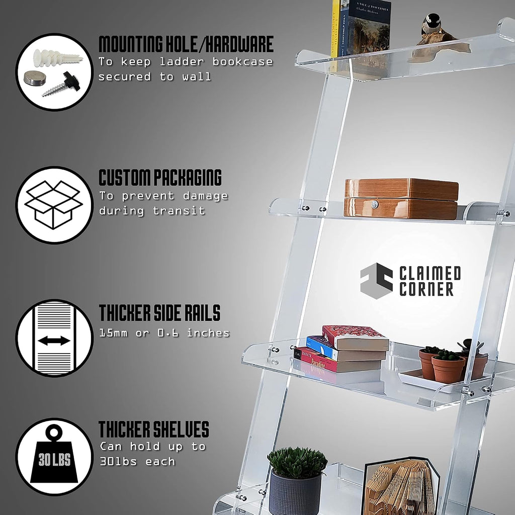 Acrylic Ladder Bookcase Wall Leaning Shelves – Large & Robust Modern Clear Floating Bookshelf - Decor Display for Open Shelving, Organizer, or Storage in the Living Room, Office, Bedroom, or Bathroom