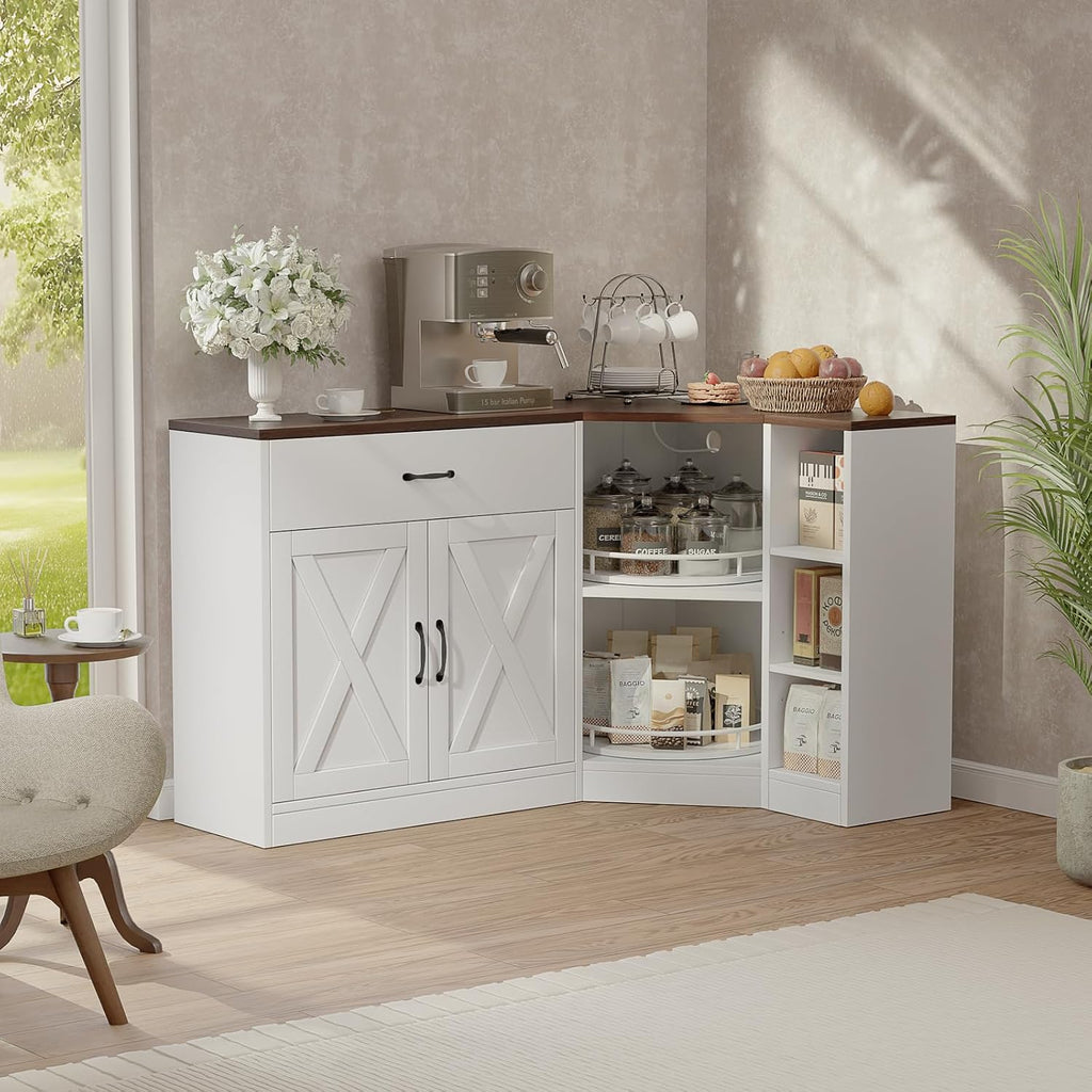 Loomie Corner Cabinet w/Charging Station, Kitchen Pantry Cabinet w/2 Tier Lazy Susan Turntable, Farmhouse Food Pantry w/Drawer & Doors & Adjustable Shelf, L-Shaped Sideboard for Dining Room (White)