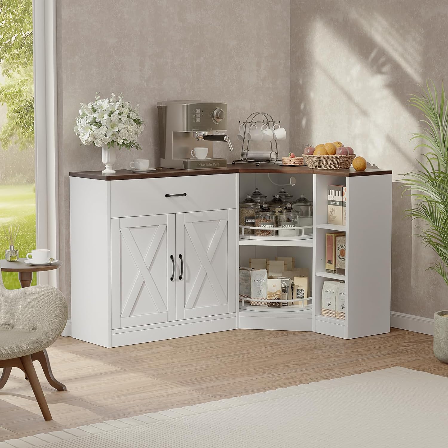 Loomie Corner Cabinet w/Charging Station, Kitchen Pantry Cabinet w/2 Tier Lazy Susan Turntable, Farmhouse Food Pantry w/Drawer & Doors & Adjustable Shelf, L-Shaped Sideboard for Dining Room (White)