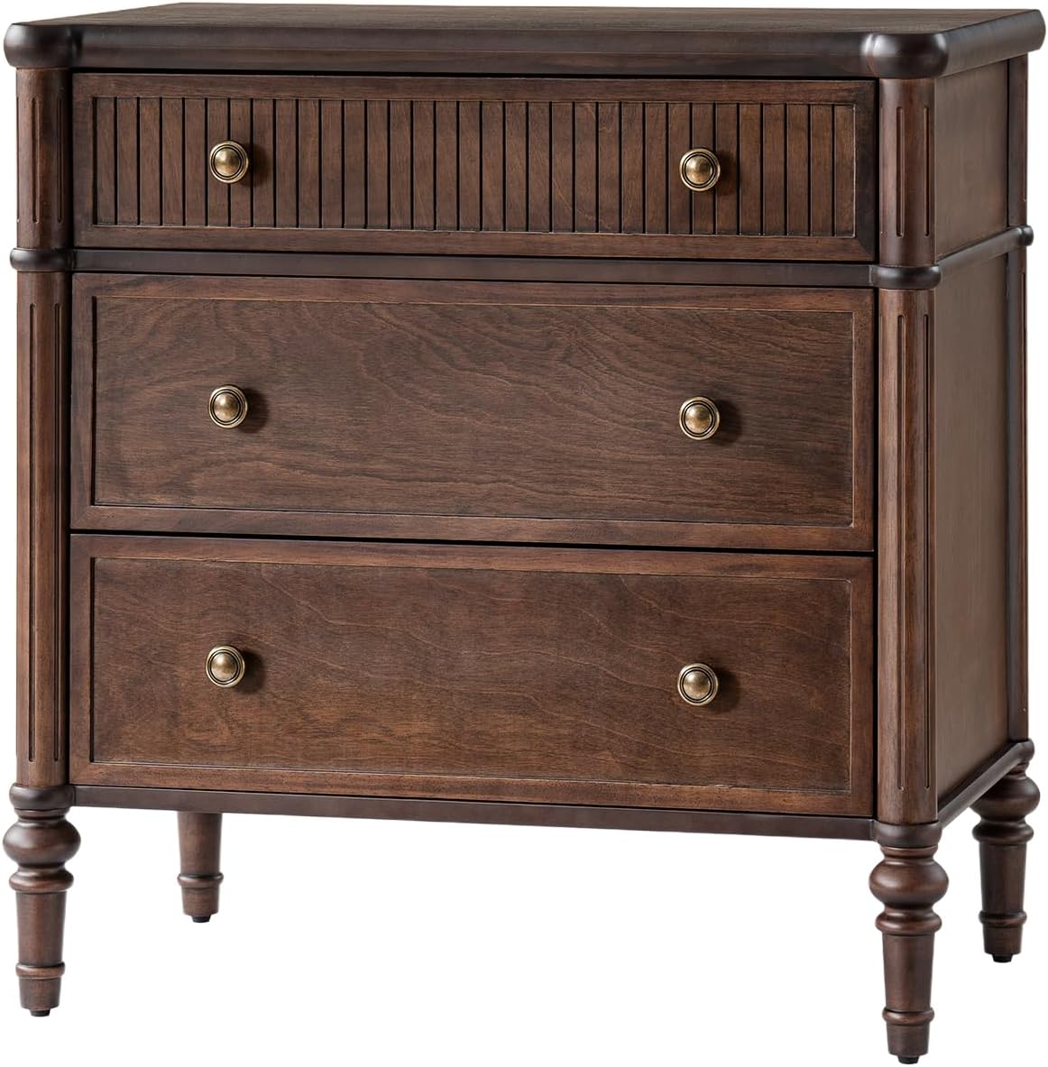 HULALA HOME Traditional End Table with Charging Station, Fluted End Tables with Wood Drawers and Solid Wood Spindle Legs, 28 Inch Wide Storage, Walnut