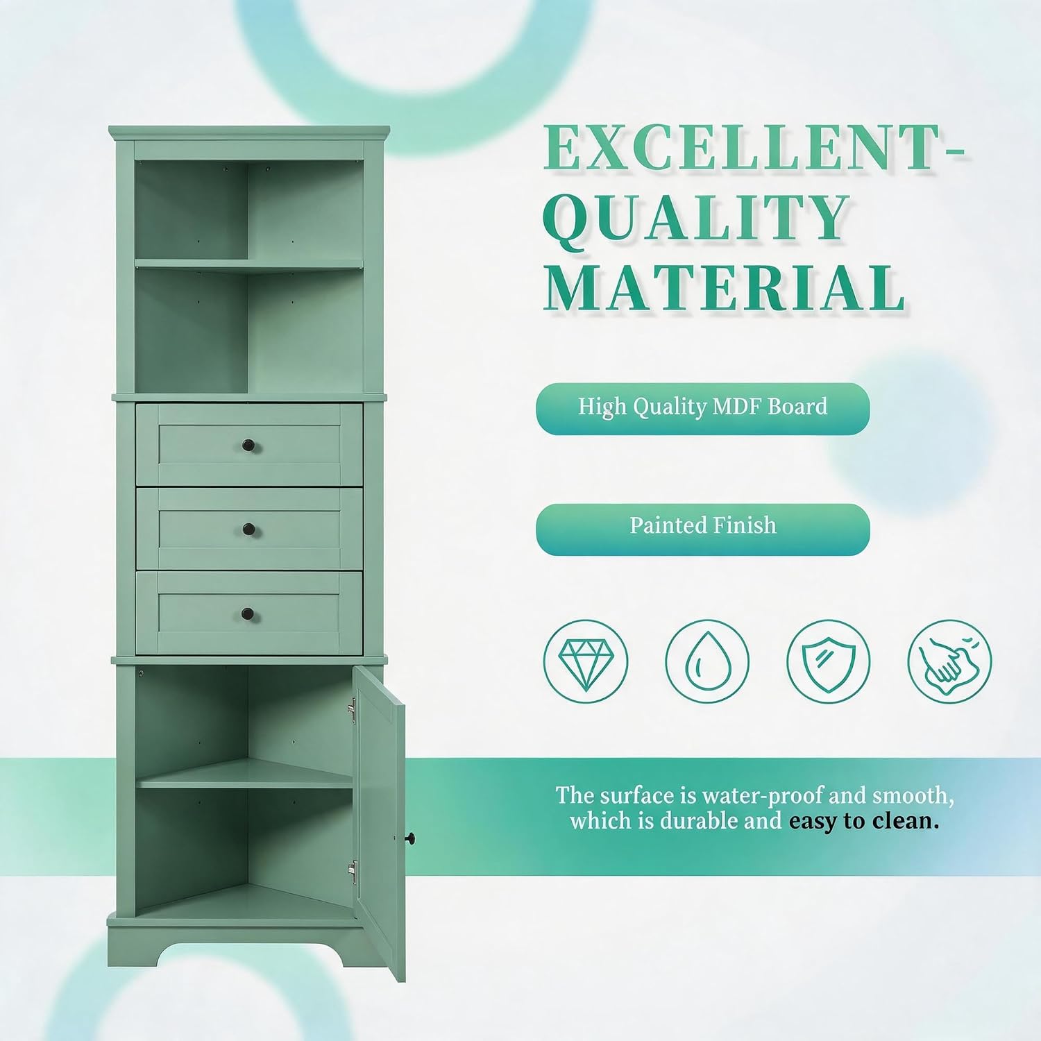 Corner Storage Cabinet with Adjustable Shelves, 68.9 in Tall | MDF, painted finish, adjustable shelves, corner fit, enclosed storage, bathroom, kitchen, 23 W x 13.4 D x 68.9 H in