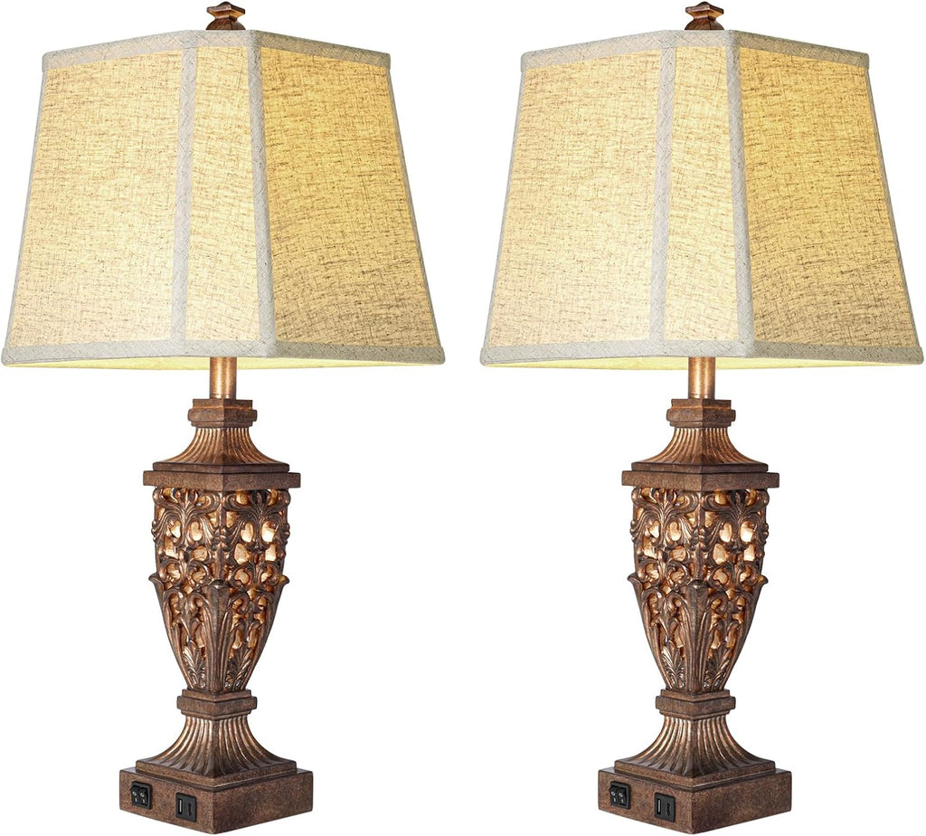 28.5' Vintage Bronze Table Lamps Set Of 2 with Night Light,Lamps for Nightstand with Beige Linen Cut Corner Shade,Bedside Lamp with USB A+C Ports for Bedrooms,Living Room,Office,Hotel(Bulb Included)